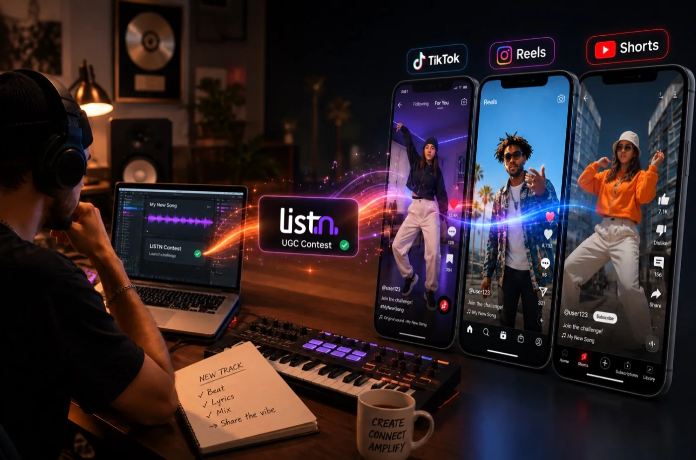 LISTN Contest campaign shown across TikTok, Instagram Reels, and YouTube Shorts